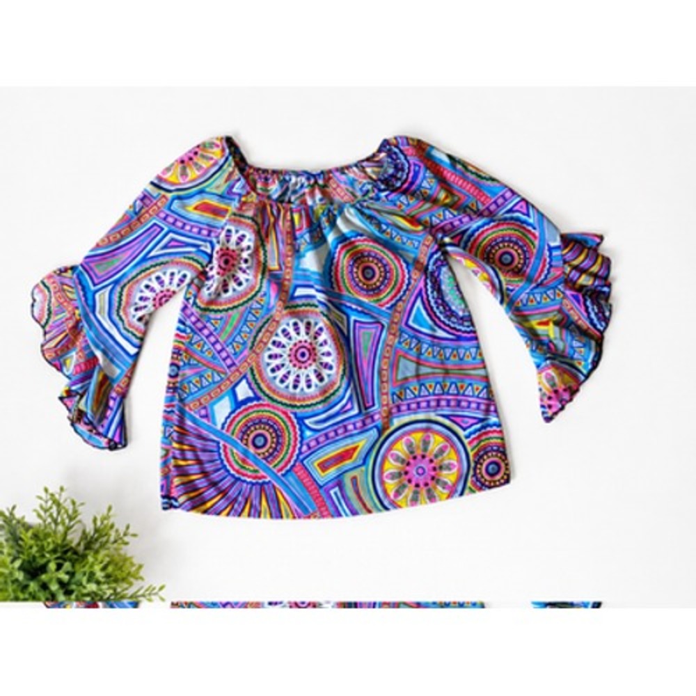 Red Lolly Women's Multicolor Geometric Print Ruffle Sleeve Tunic Blouse No Size
